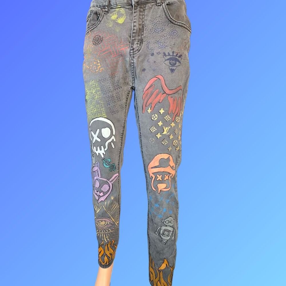 V Jeans Black “1969” Hand‑Painted Jeans | Size 30